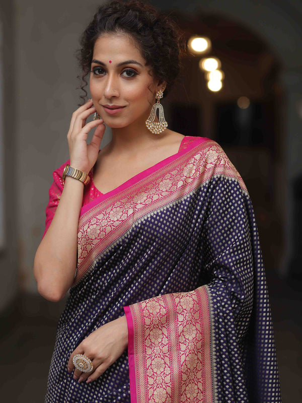 Banarasee Semi-Katan Zari Jaal & Contrast Border Saree-Blue & Pink