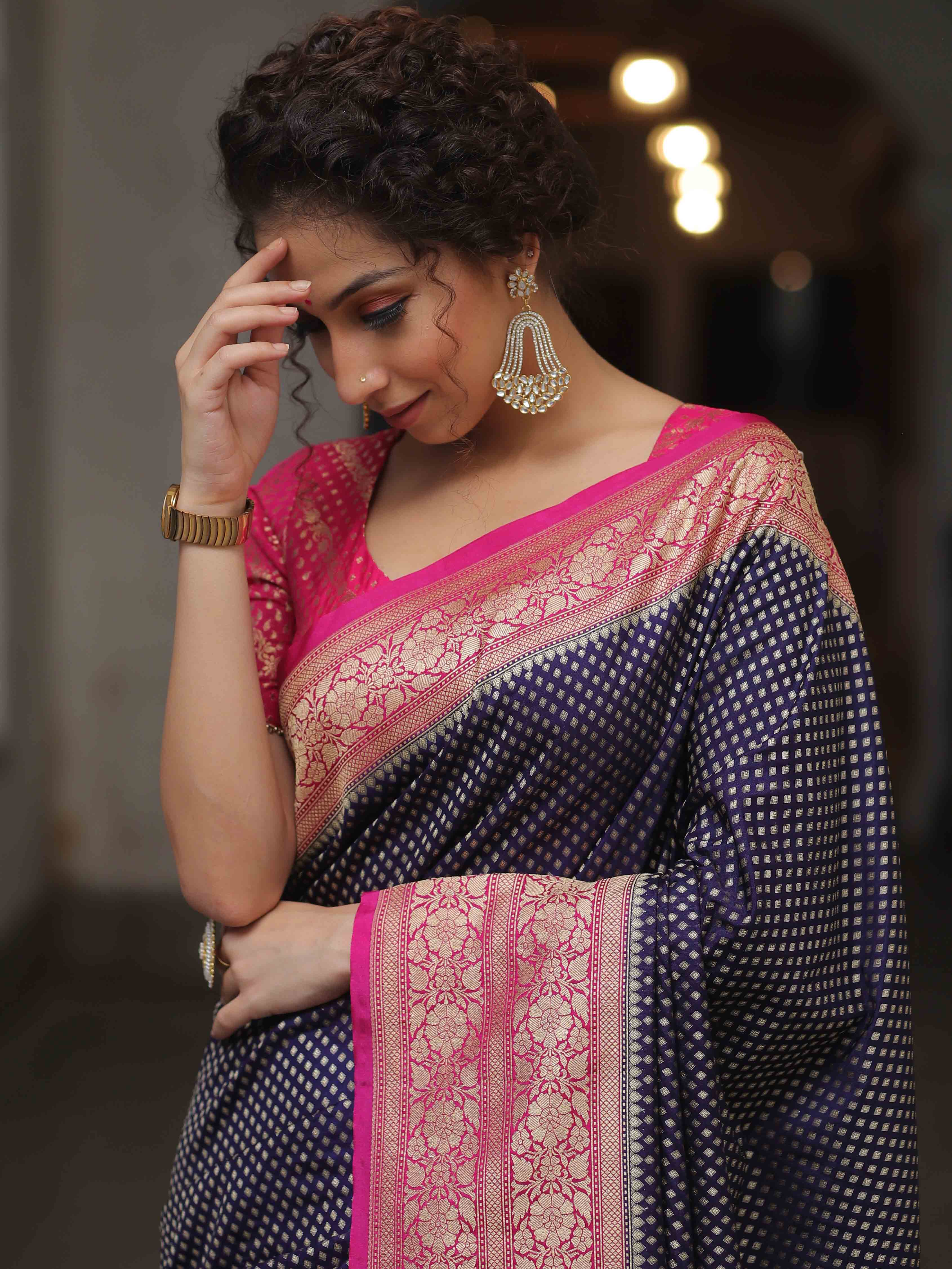 Banarasee Semi-Katan Zari Jaal & Contrast Border Saree-Blue & Pink