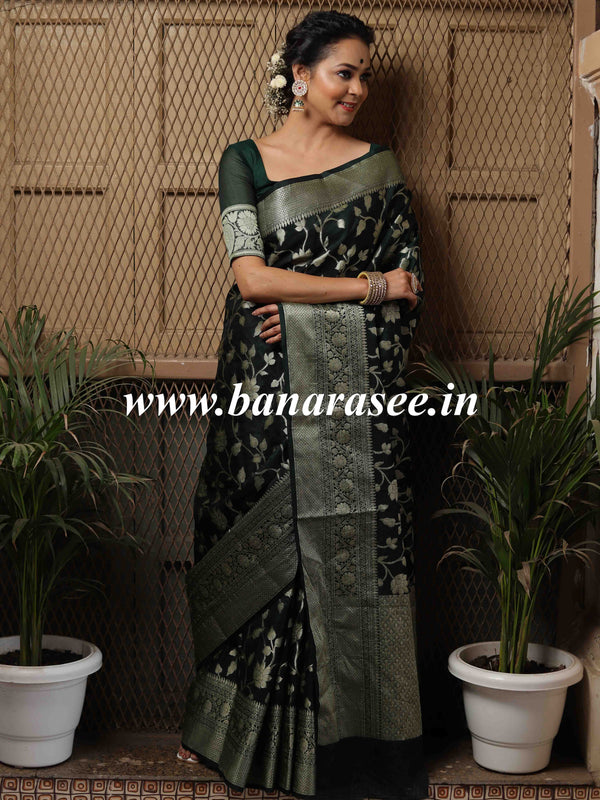 Banarasee Handwoven Semi-Chiffon Saree With Zari Jaal Work-Green