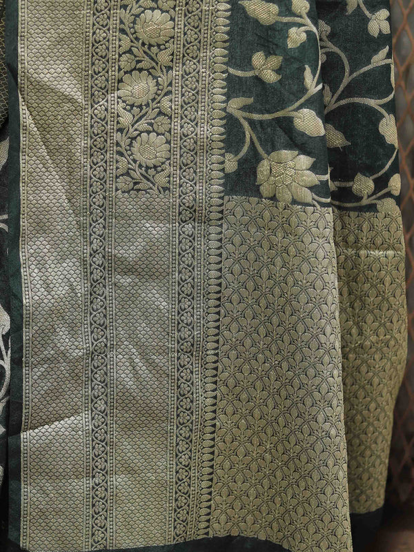 Banarasee Handwoven Semi-Chiffon Saree With Zari Jaal Work-Green