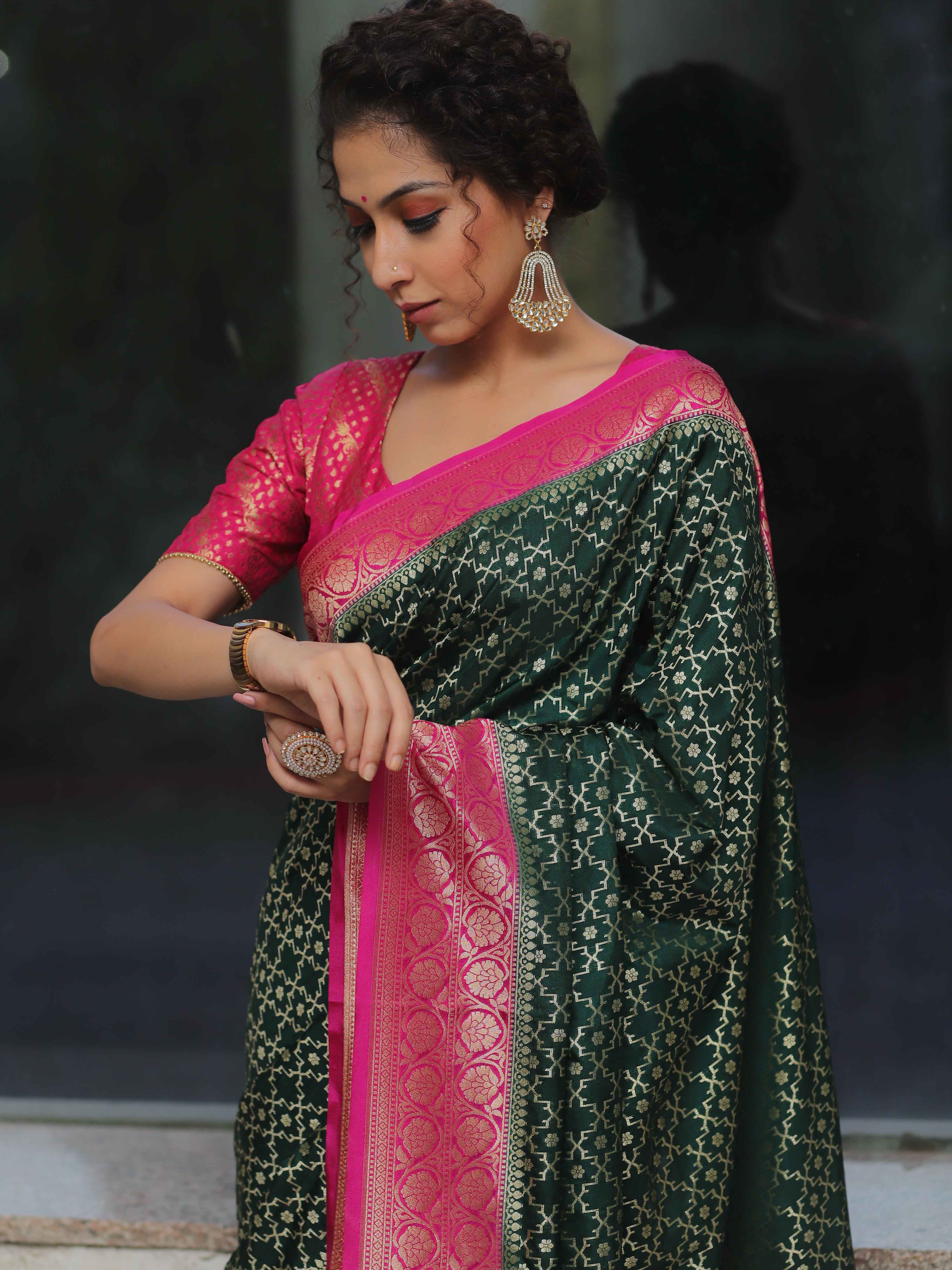 Banarasee Semi-Katan Zari Jaal & Contrast Border Saree-Green & Pink