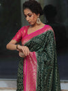 Banarasee Semi-Katan Zari Jaal & Contrast Border Saree-Green & Pink