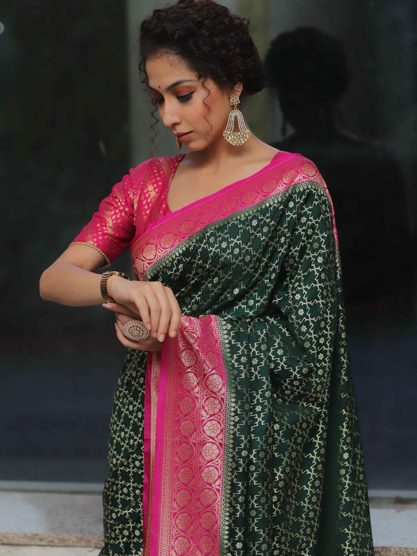 Banarasee Semi-Katan Zari Jaal & Contrast Border Saree-Green & Pink