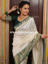 Banarasee Handloom Pure Chiniya Silk Saree With Zari Border-White & Green