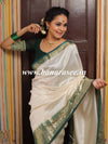 Banarasee Handloom Pure Chiniya Silk Saree With Zari Border-White & Green