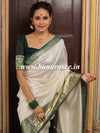 Banarasee Handloom Pure Chiniya Silk Saree With Zari Border-White & Green