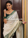 Banarasee Handloom Pure Chiniya Silk Saree With Zari Border-White & Green