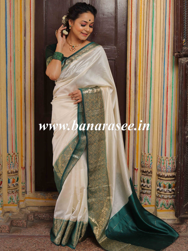 Banarasee Handloom Pure Chiniya Silk Saree With Zari Border-White & Green
