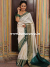 Banarasee Handloom Pure Chiniya Silk Saree With Zari Border-White & Green