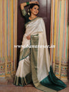 Banarasee Handloom Pure Chiniya Silk Saree With Zari Border-White & Green