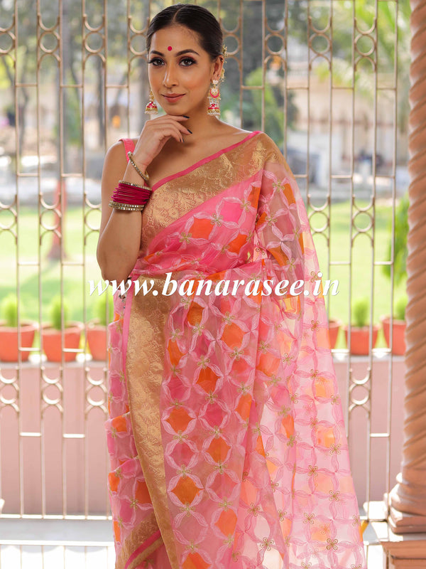 Banarasee Handwoven Organza Silk Hand-Painted & Embroidered Saree-Pink