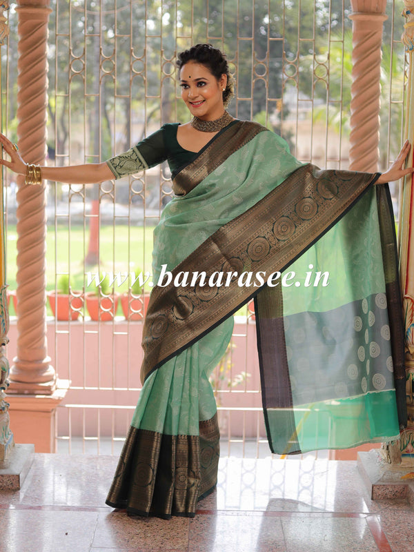 Banarasee Kora Muslin Saree With Jaal Design & Skirt Border-Green