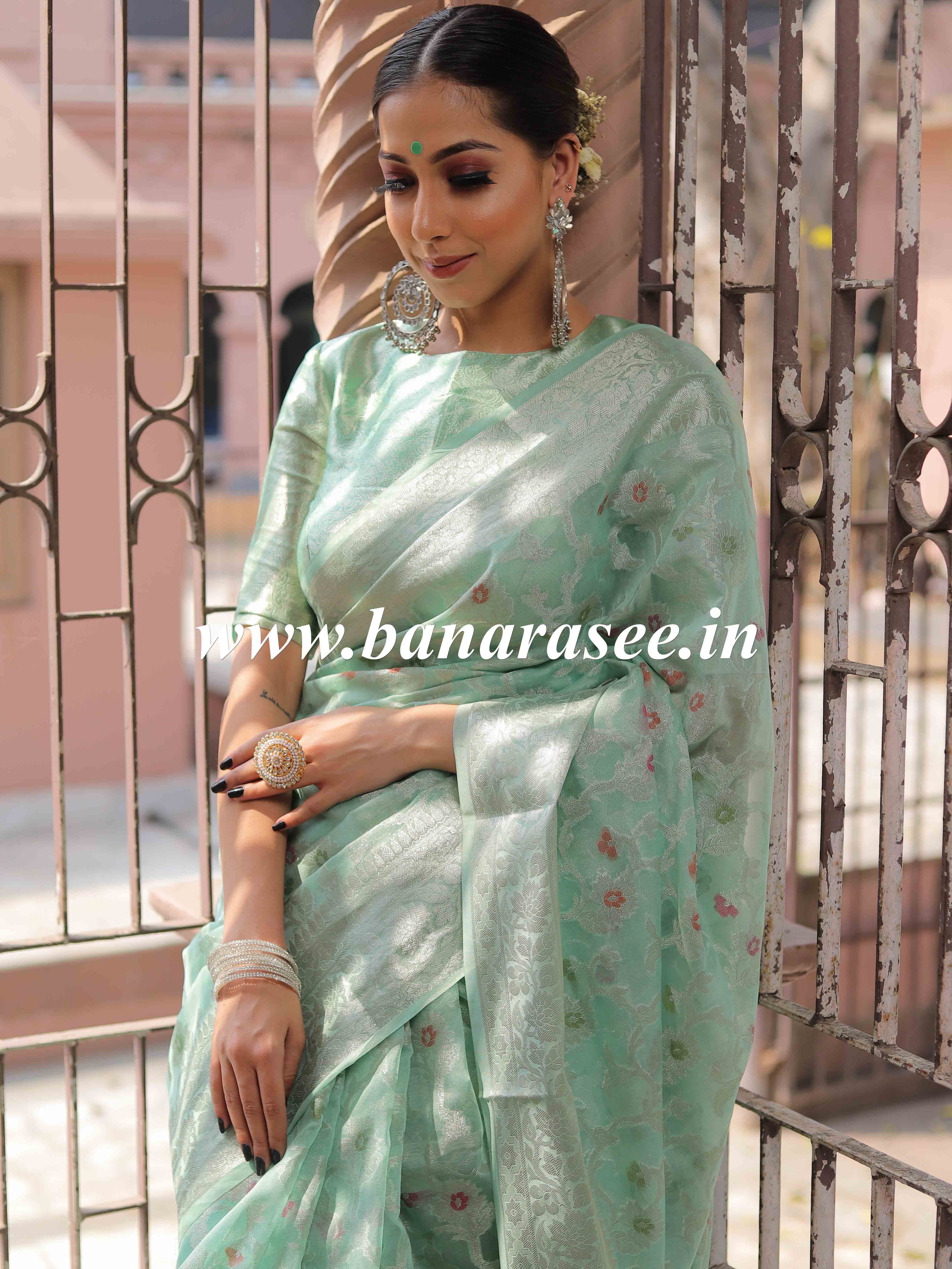 Banarasee Faux Georgette Saree With Silver Zari & Resham Jaal Work-Pastel Green