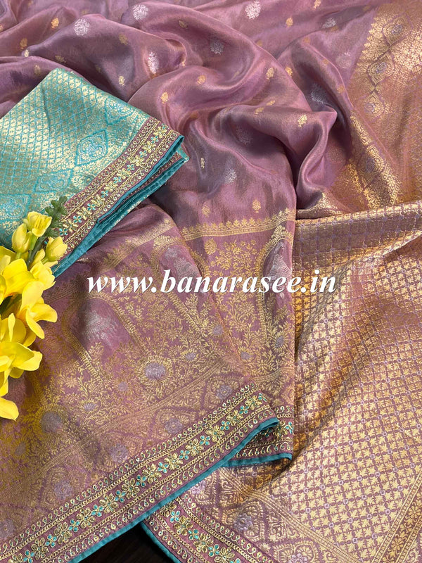 Banarasee Handwoven Semi-Katan Zari Work Saree With Blue Embroidered Blouse-Onion Pink