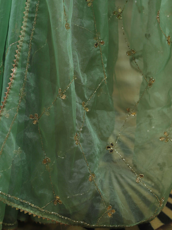 Banarasee Organza Silk Hand-work Saree & Contrast Blouse-Green