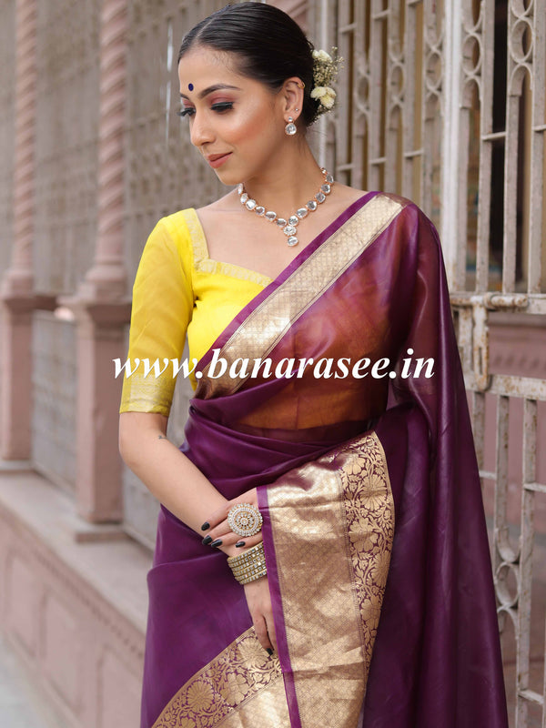 Banarasee Handwoven Organza Zari Border Contrast Blouse Saree-Violet