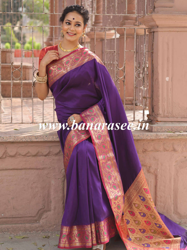 Banarasee Handwoven Semi-Katan Zari Paithani Border Saree-Violet