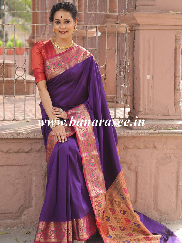 Banarasee Handwoven Semi-Katan Zari Paithani Border Saree-Violet