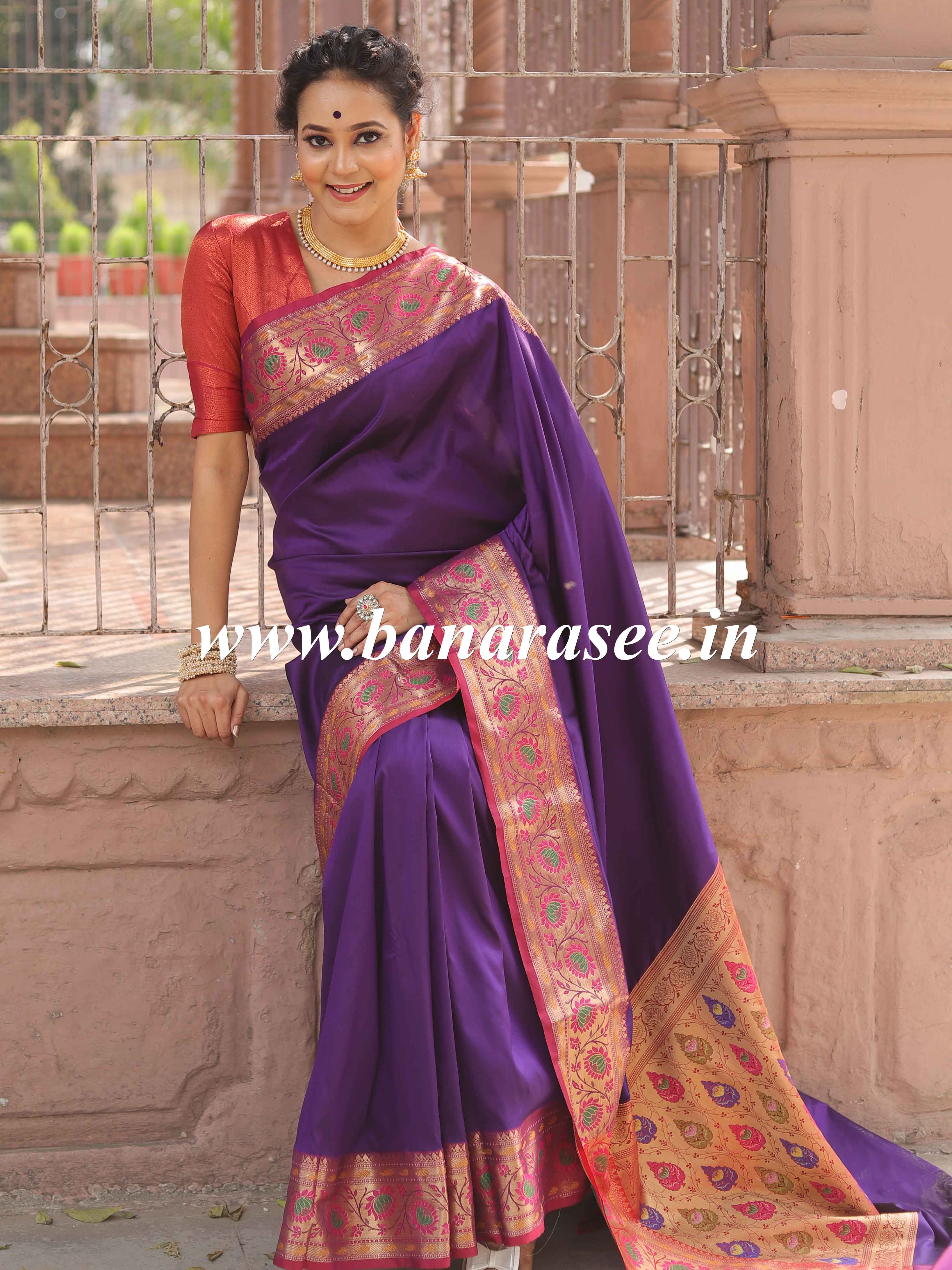 Banarasee Handwoven Semi-Katan Zari Paithani Border Saree-Violet