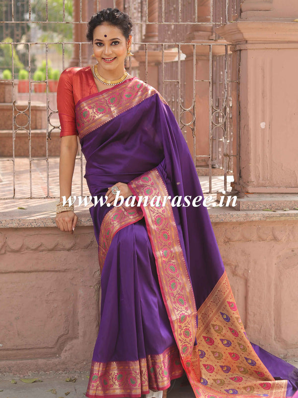 Banarasee Handwoven Semi-Katan Zari Paithani Border Saree-Violet