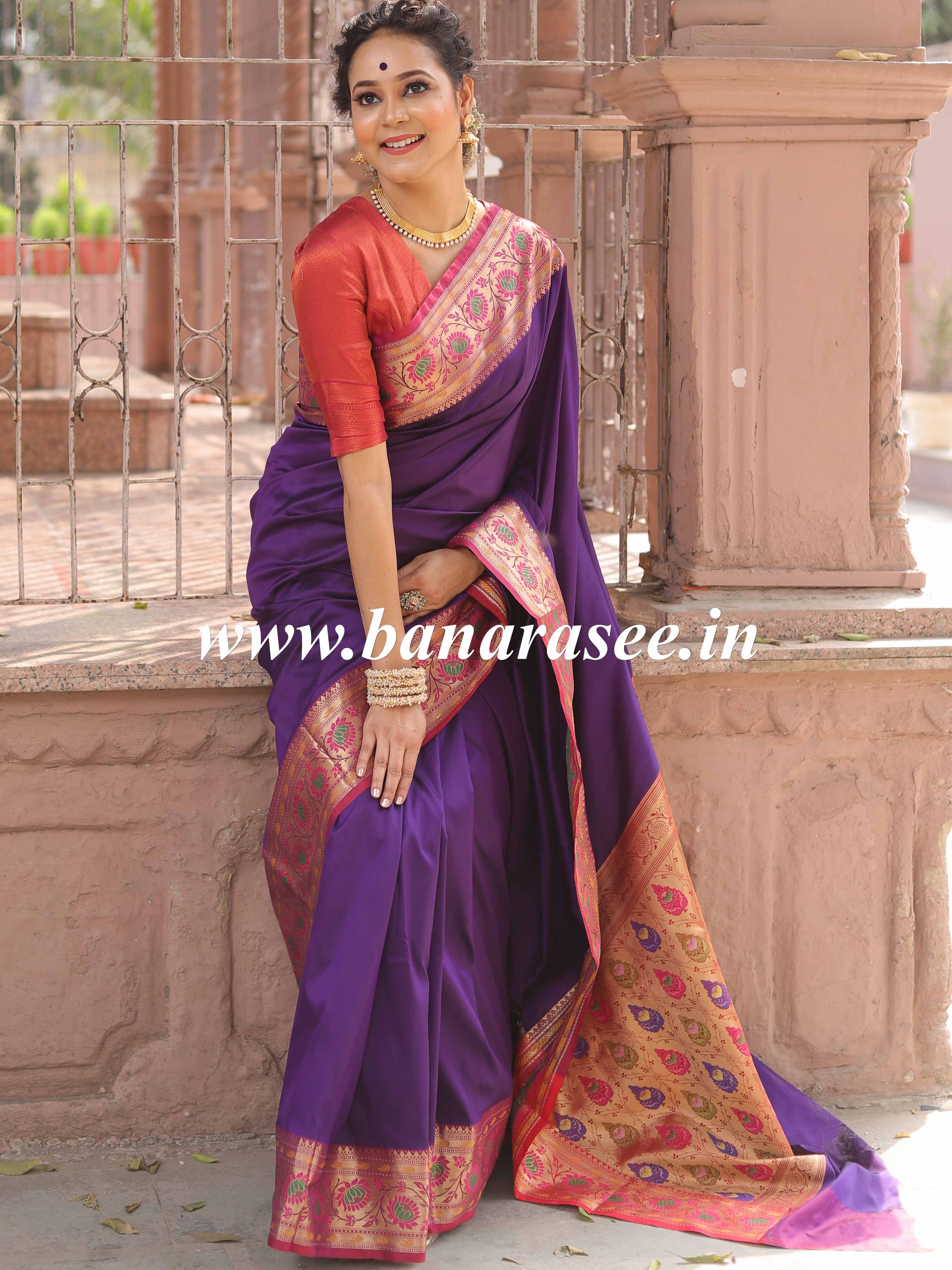 Banarasee Handwoven Semi-Katan Zari Paithani Border Saree-Violet