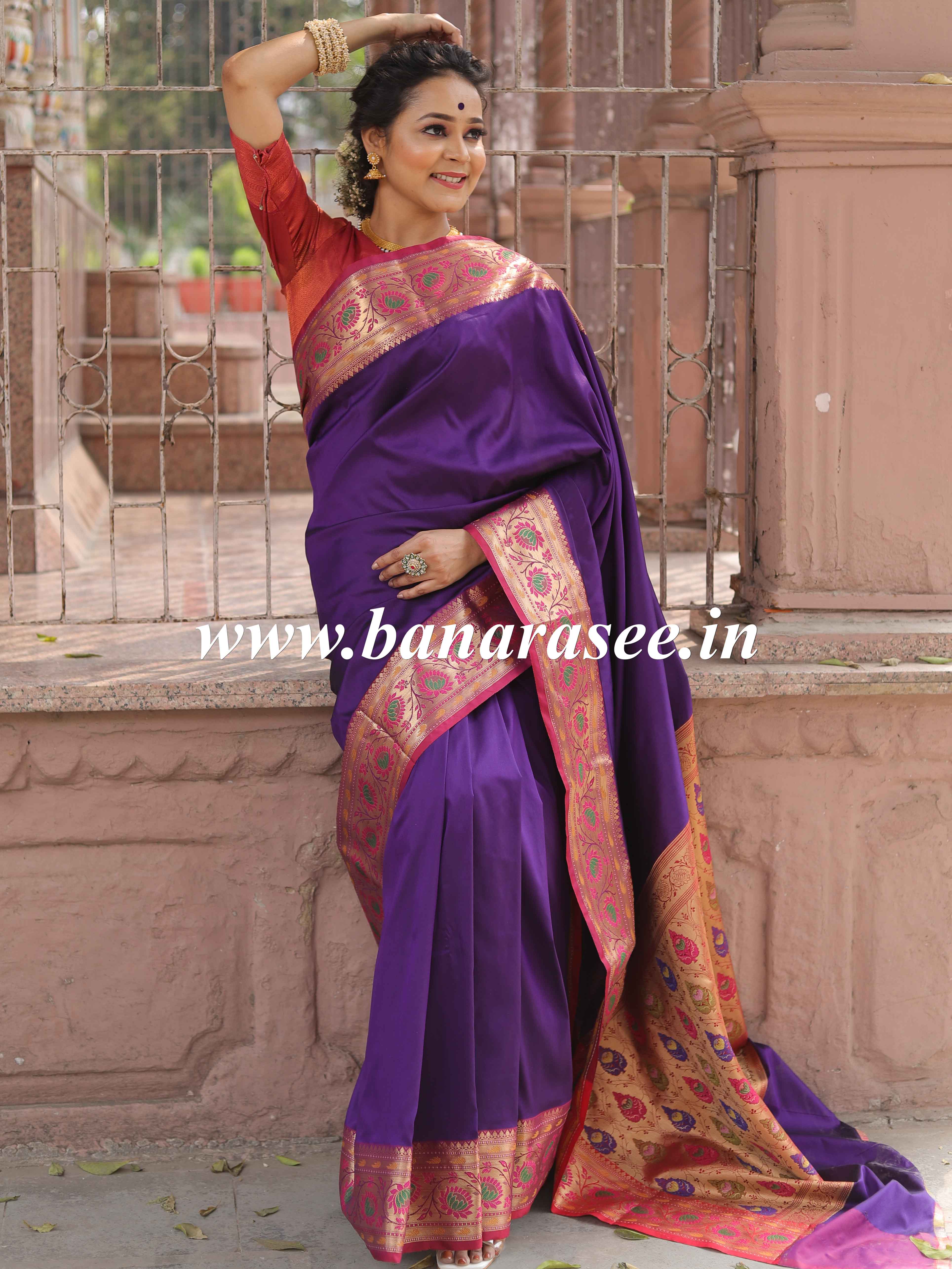 Banarasee Handwoven Semi-Katan Zari Paithani Border Saree-Violet