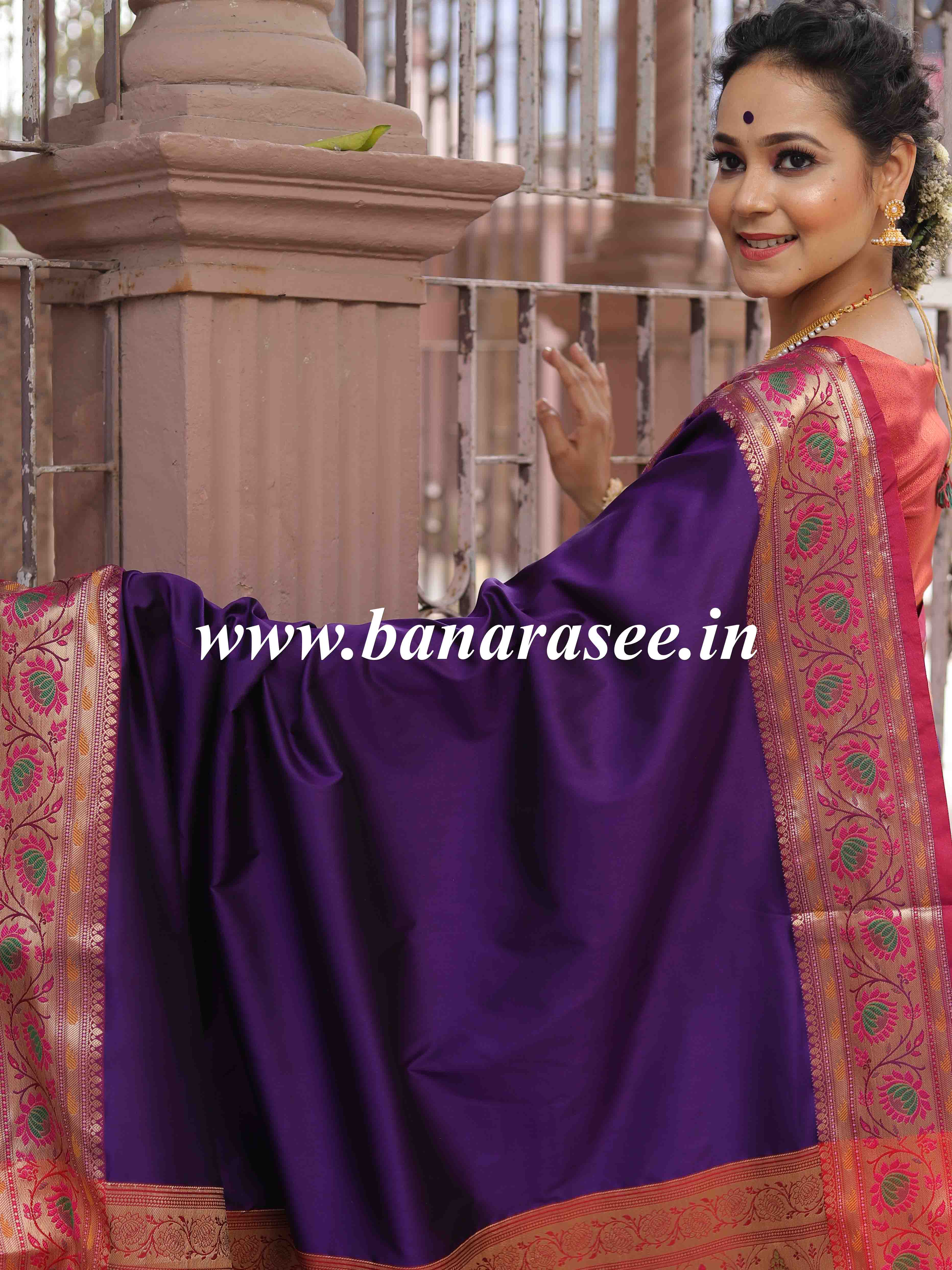 Banarasee Handwoven Semi-Katan Zari Paithani Border Saree-Violet