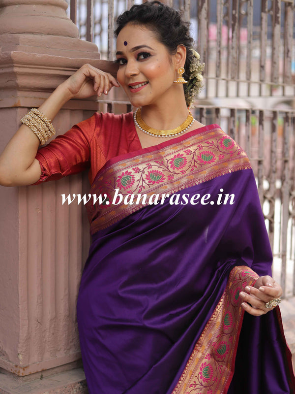 Banarasee Handwoven Semi-Katan Zari Paithani Border Saree-Violet