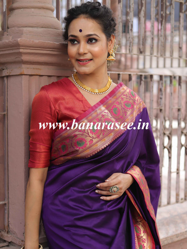 Banarasee Handwoven Semi-Katan Zari Paithani Border Saree-Violet