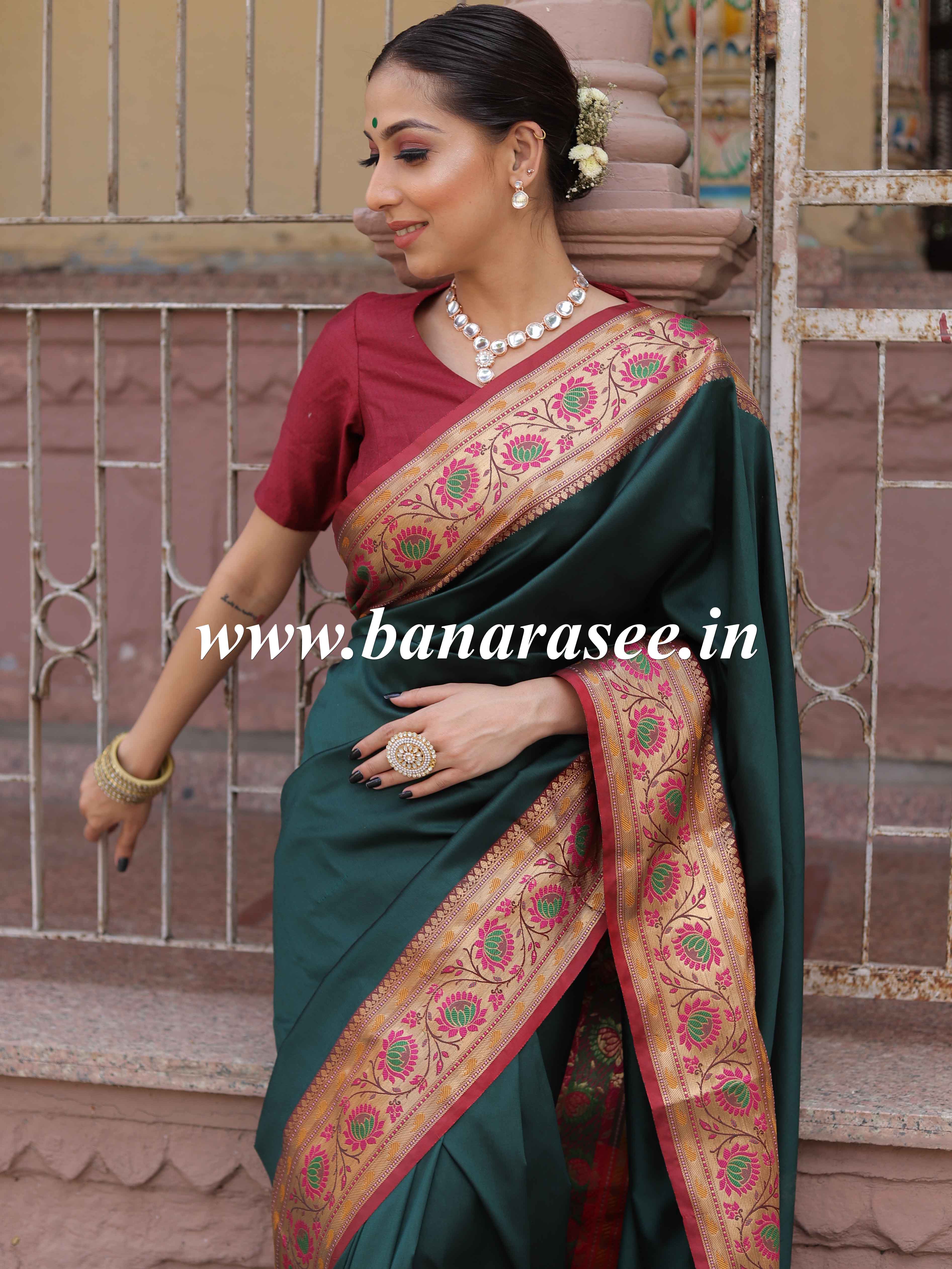 Banarasee Handwoven Semi-Katan Zari Paithani Border Saree-Green