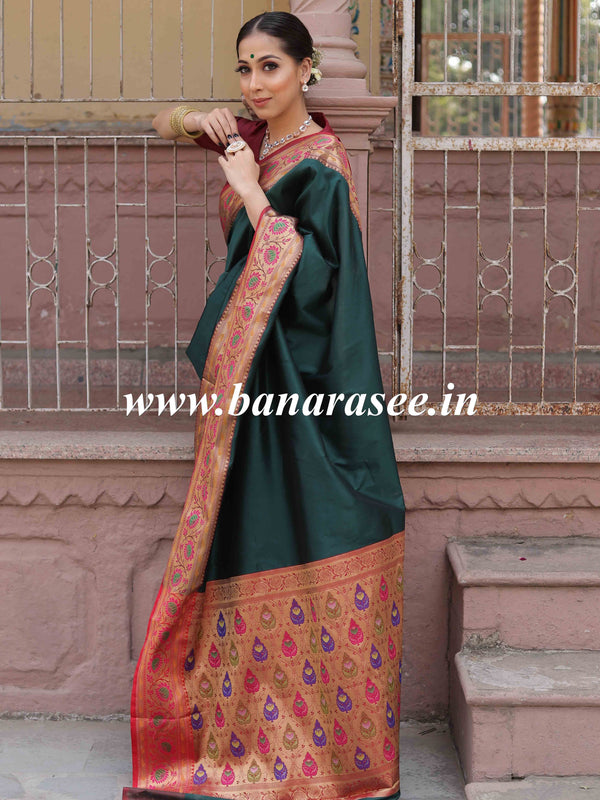 Banarasee Handwoven Semi-Katan Zari Paithani Border Saree-Green