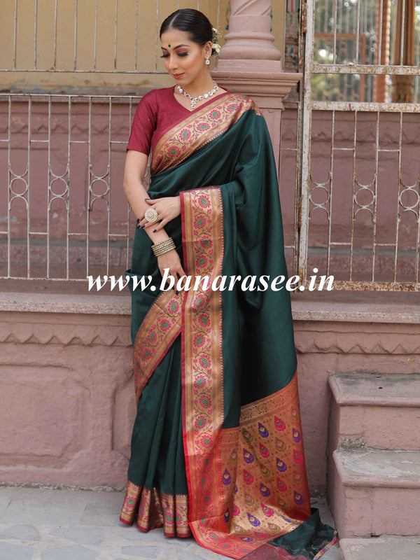 Banarasee Handwoven Semi-Katan Zari Paithani Border Saree-Green