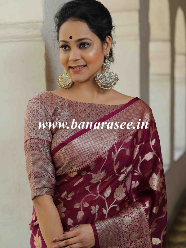 Banarasee Handwoven Semi-Chiffon Saree With Zari Jaal Work-Wine