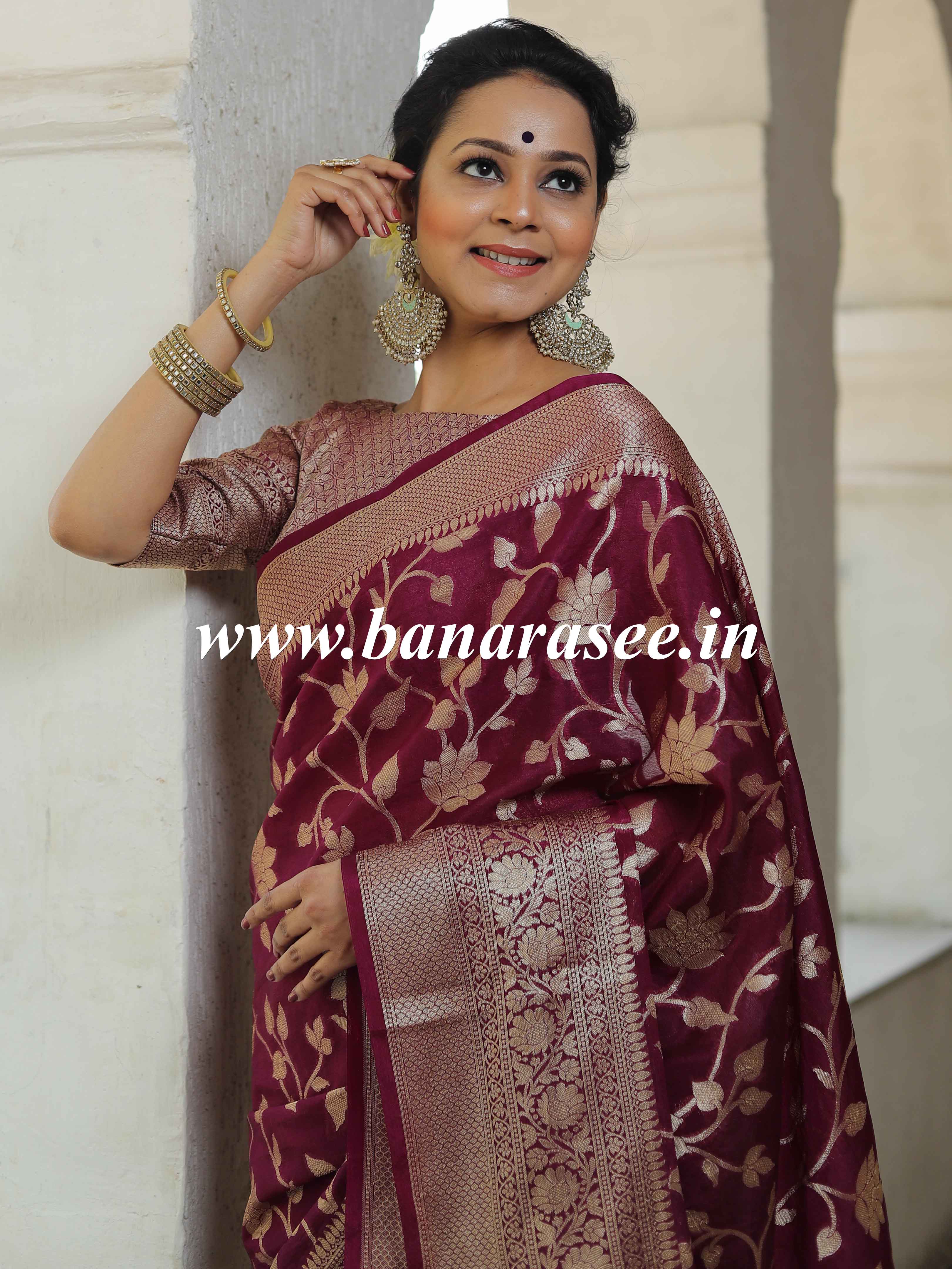 Banarasee Handwoven Semi-Chiffon Saree With Zari Jaal Work-Wine