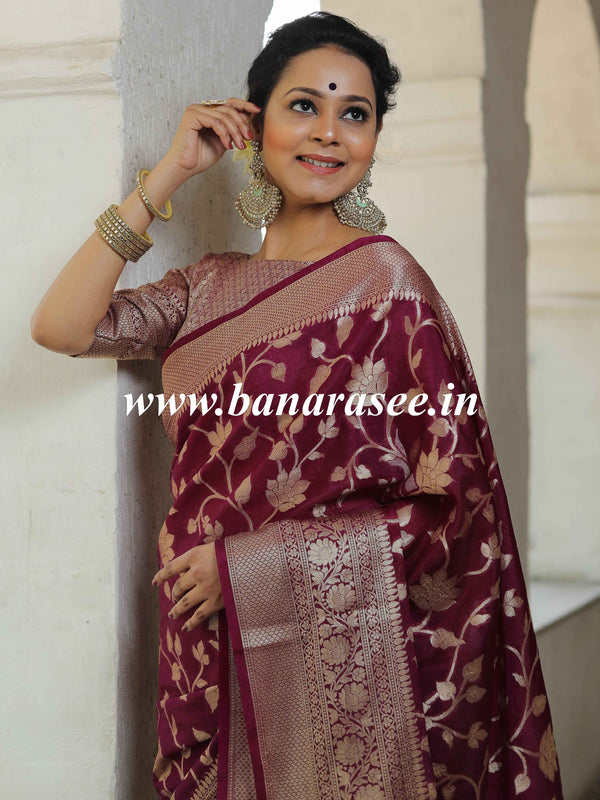 Banarasee Handwoven Semi-Chiffon Saree With Zari Jaal Work-Wine