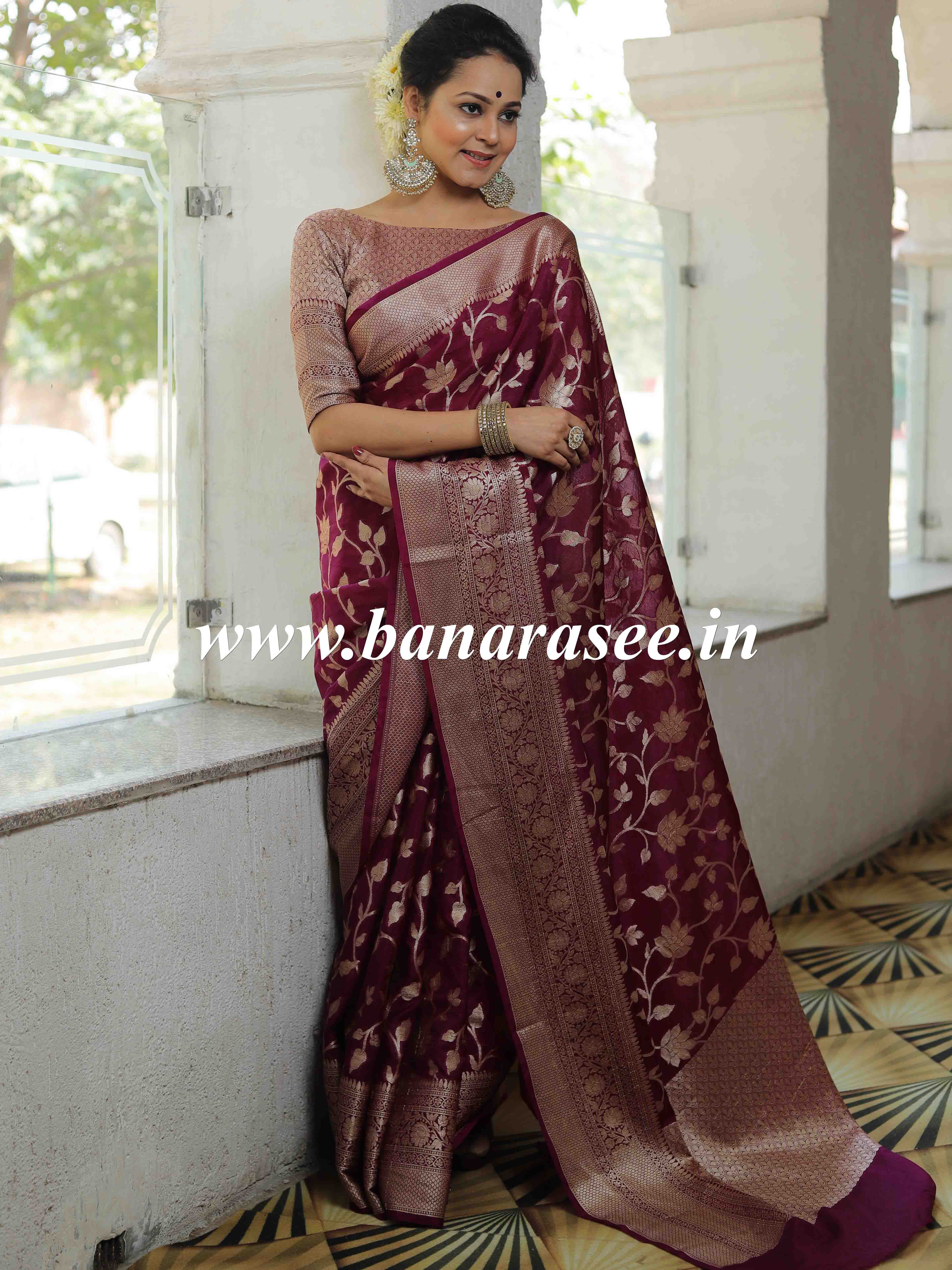 Banarasee Handwoven Semi-Chiffon Saree With Zari Jaal Work-Wine