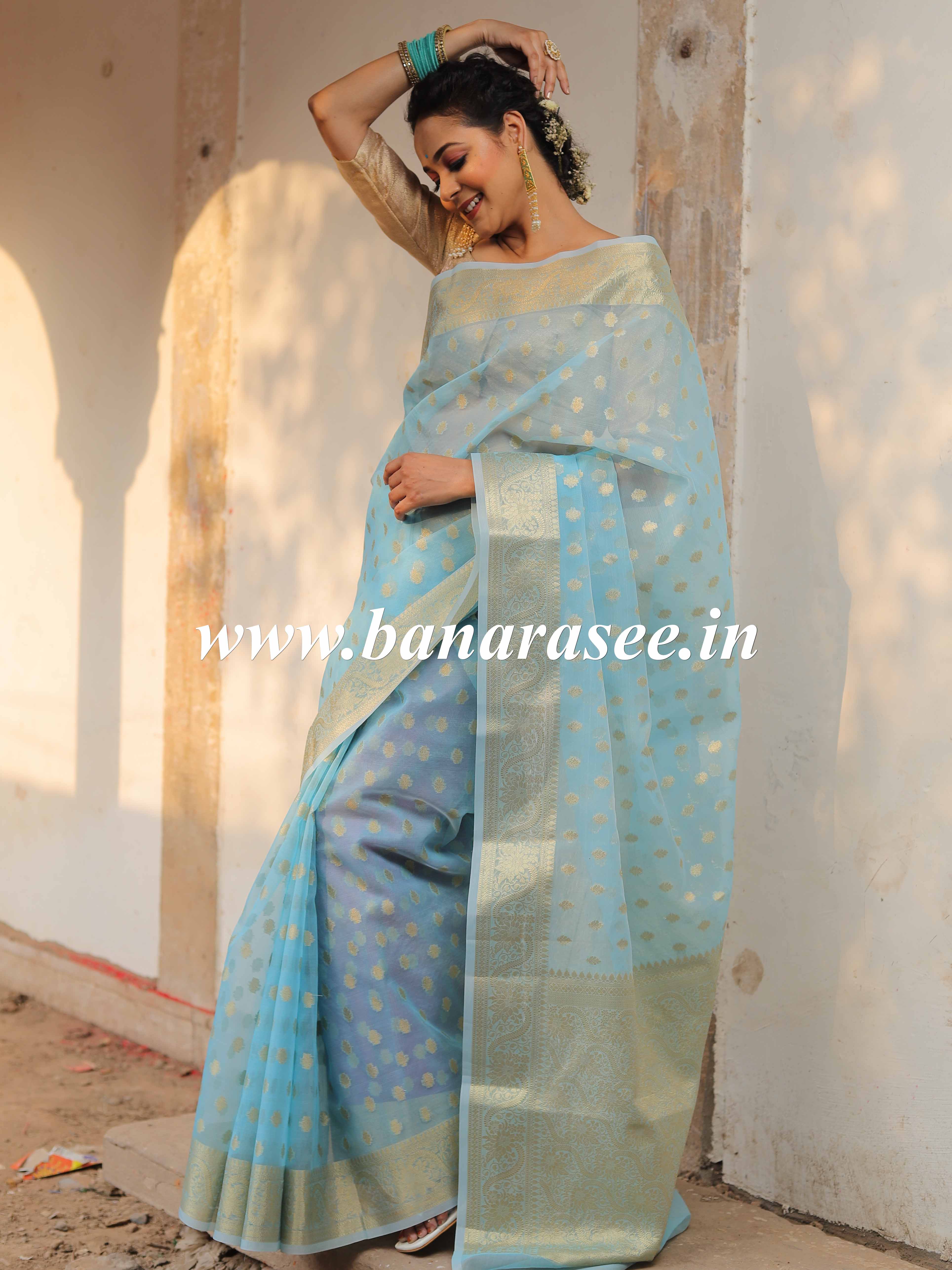 Banarasee Organza Mix Saree With Zari Buti & Floral Border-Blue