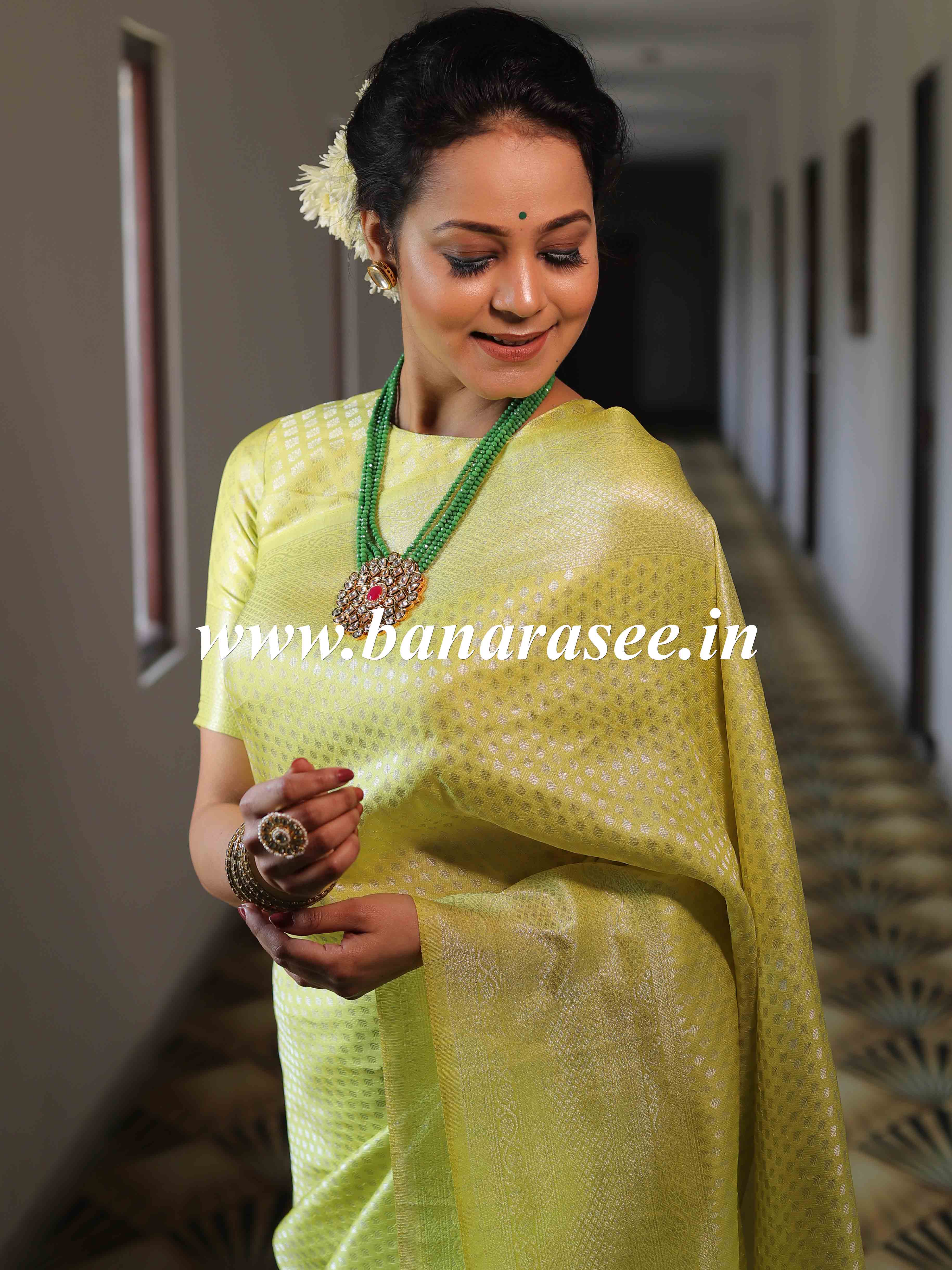 Banarasee Kubera Pattu Soft Silk Saree With Silver Zari Work-Yellow