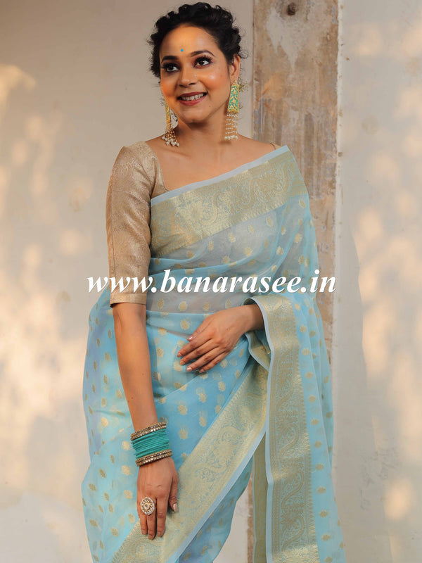 Banarasee Organza Mix Saree With Zari Buti & Floral Border-Blue