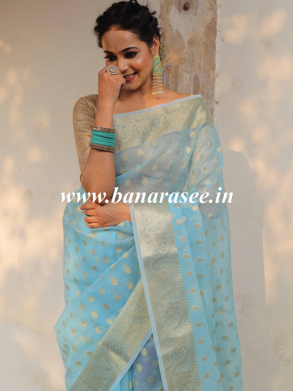 Banarasee Organza Mix Saree With Zari Buti & Floral Border-Blue