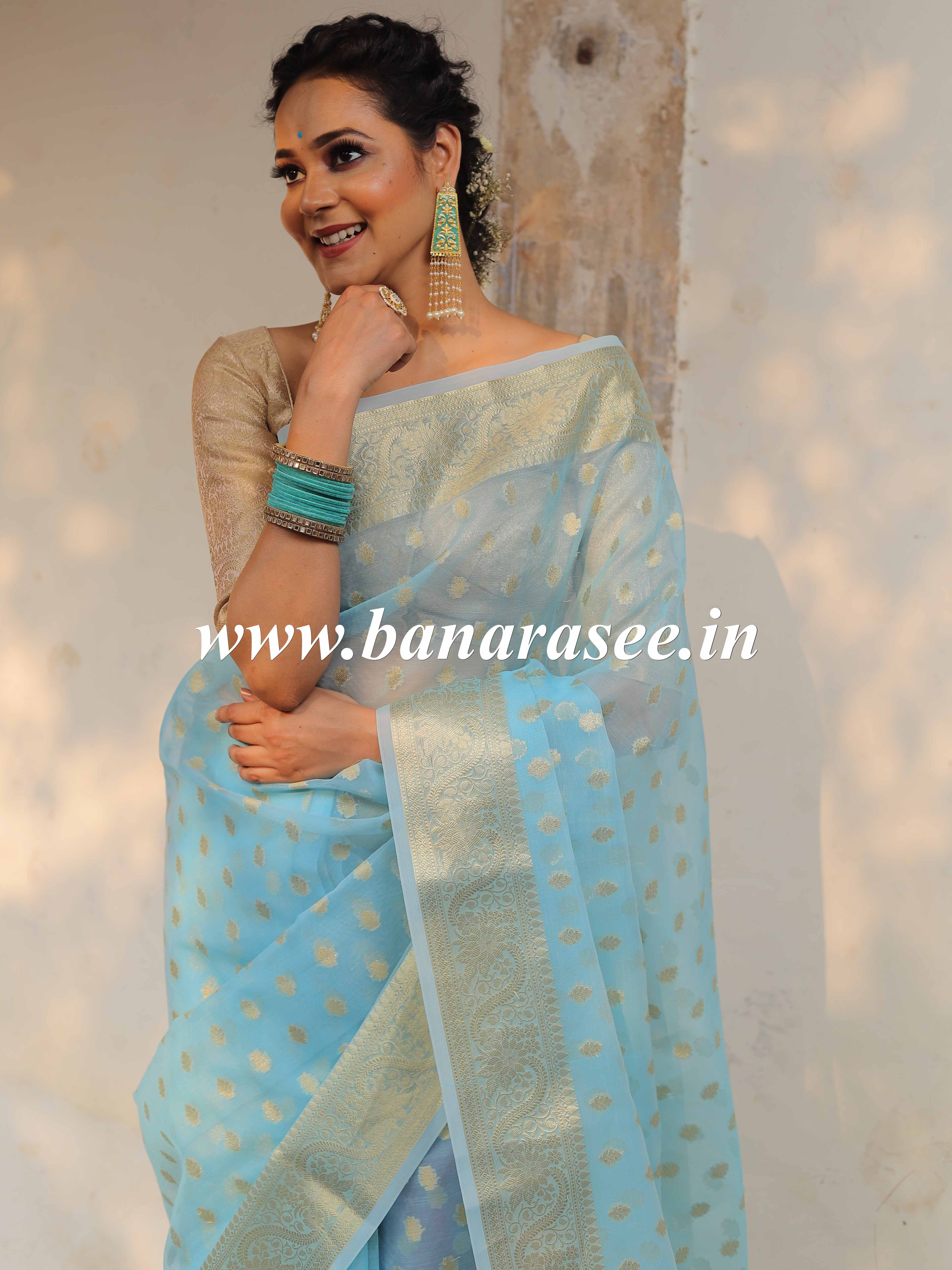 Banarasee Organza Mix Saree With Zari Buti & Floral Border-Blue