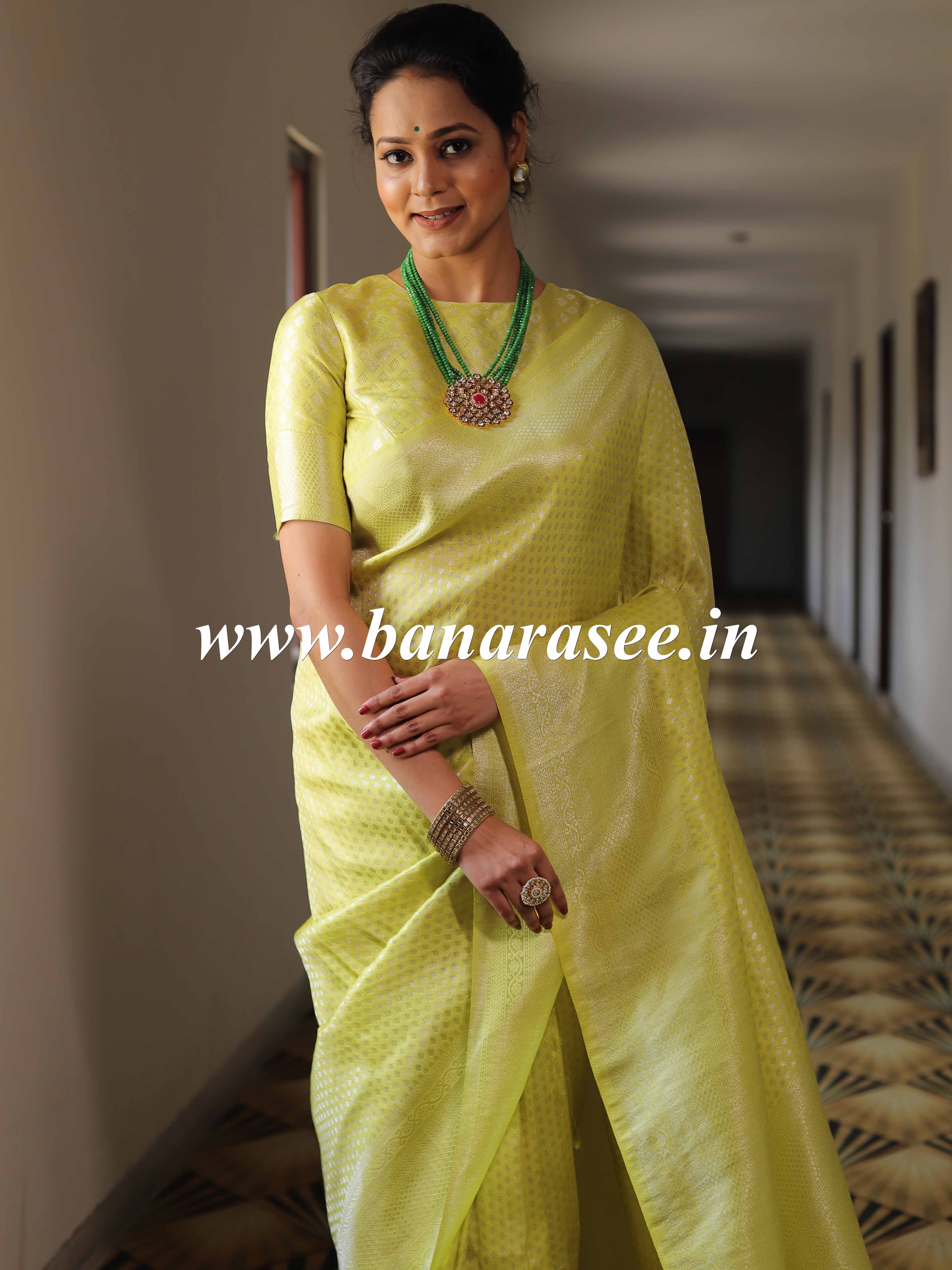 Banarasee Kubera Pattu Soft Silk Saree With Silver Zari Work-Yellow