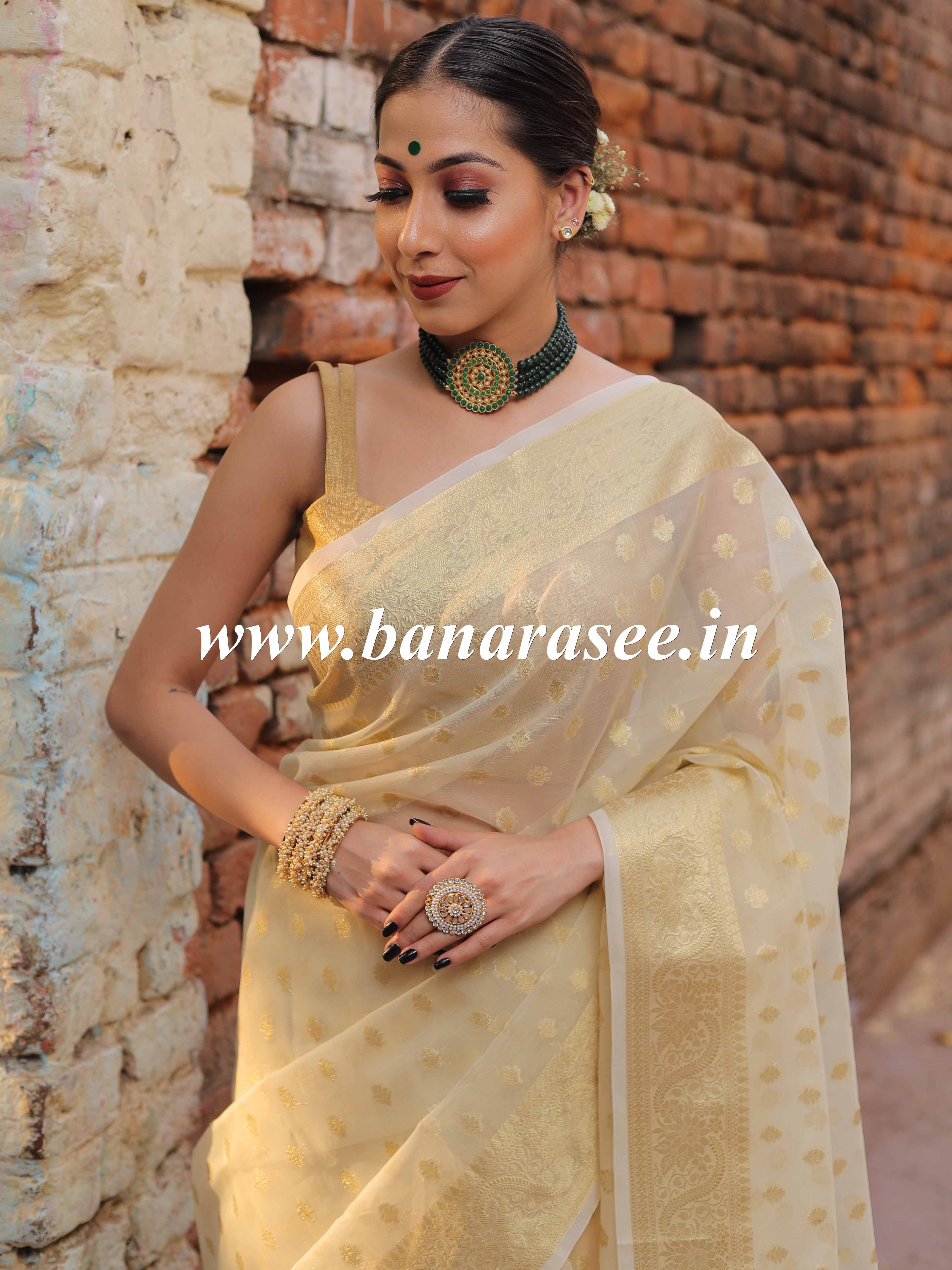 Banarasee Organza Mix Saree With Zari Buti & Floral Border-Beige