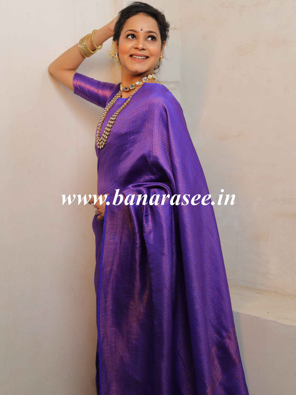 Banarasee Kubera Pattu Soft Silk Saree With Copper Zari Work-Violet