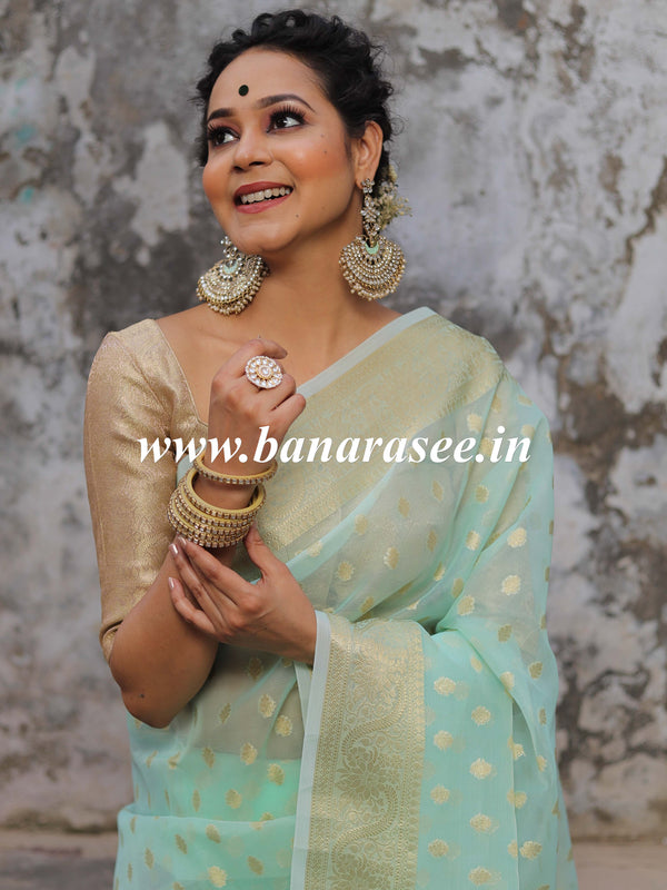 Banarasee Organza Mix Saree With Zari Buti & Floral Border-Sea Green