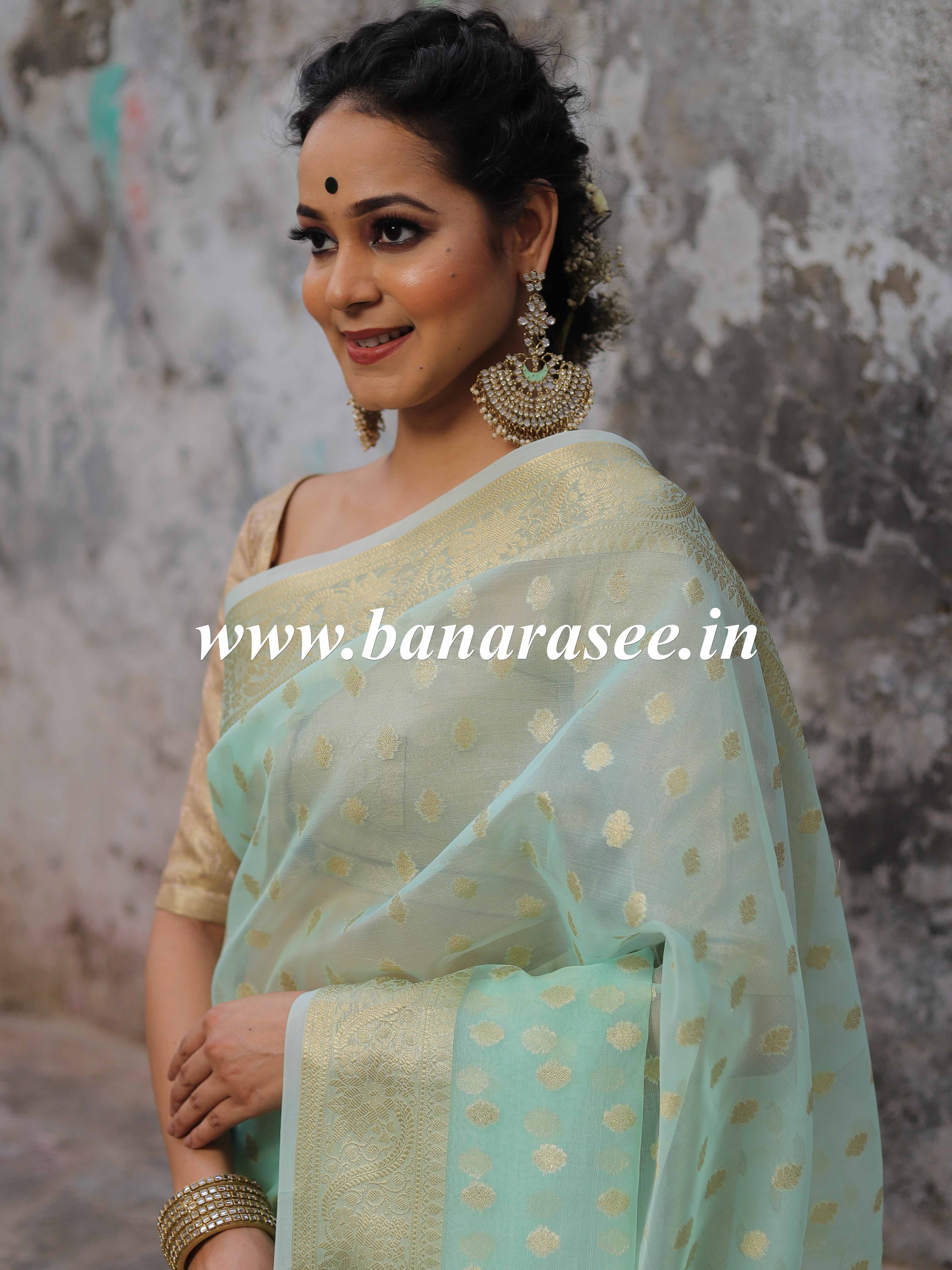 Banarasee Organza Mix Saree With Zari Buti & Floral Border-Sea Green