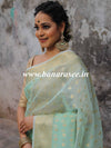 Banarasee Organza Mix Saree With Zari Buti & Floral Border-Sea Green
