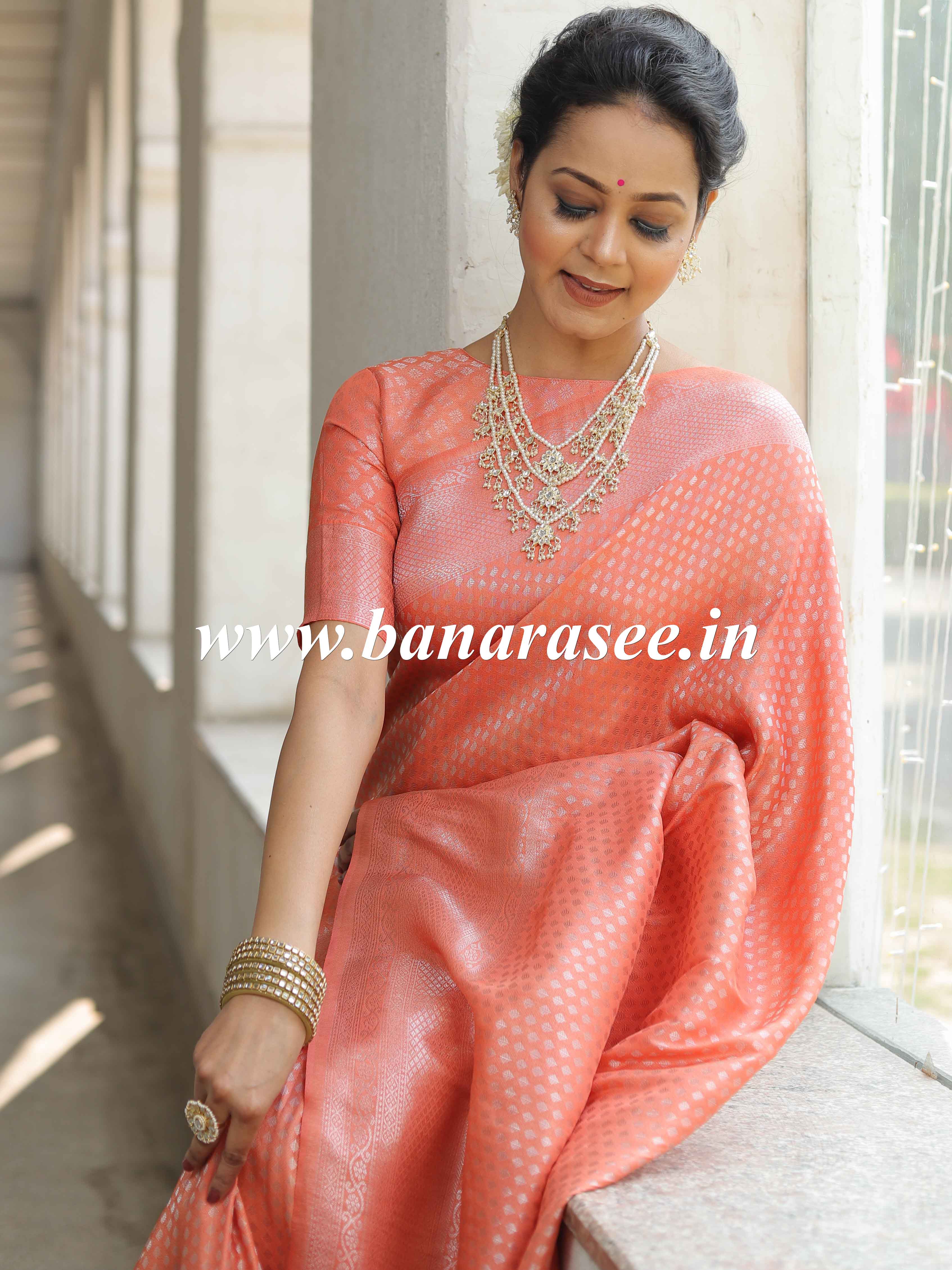 Banarasee Kubera Pattu Soft Silk Saree With Silver Zari Work-Peach