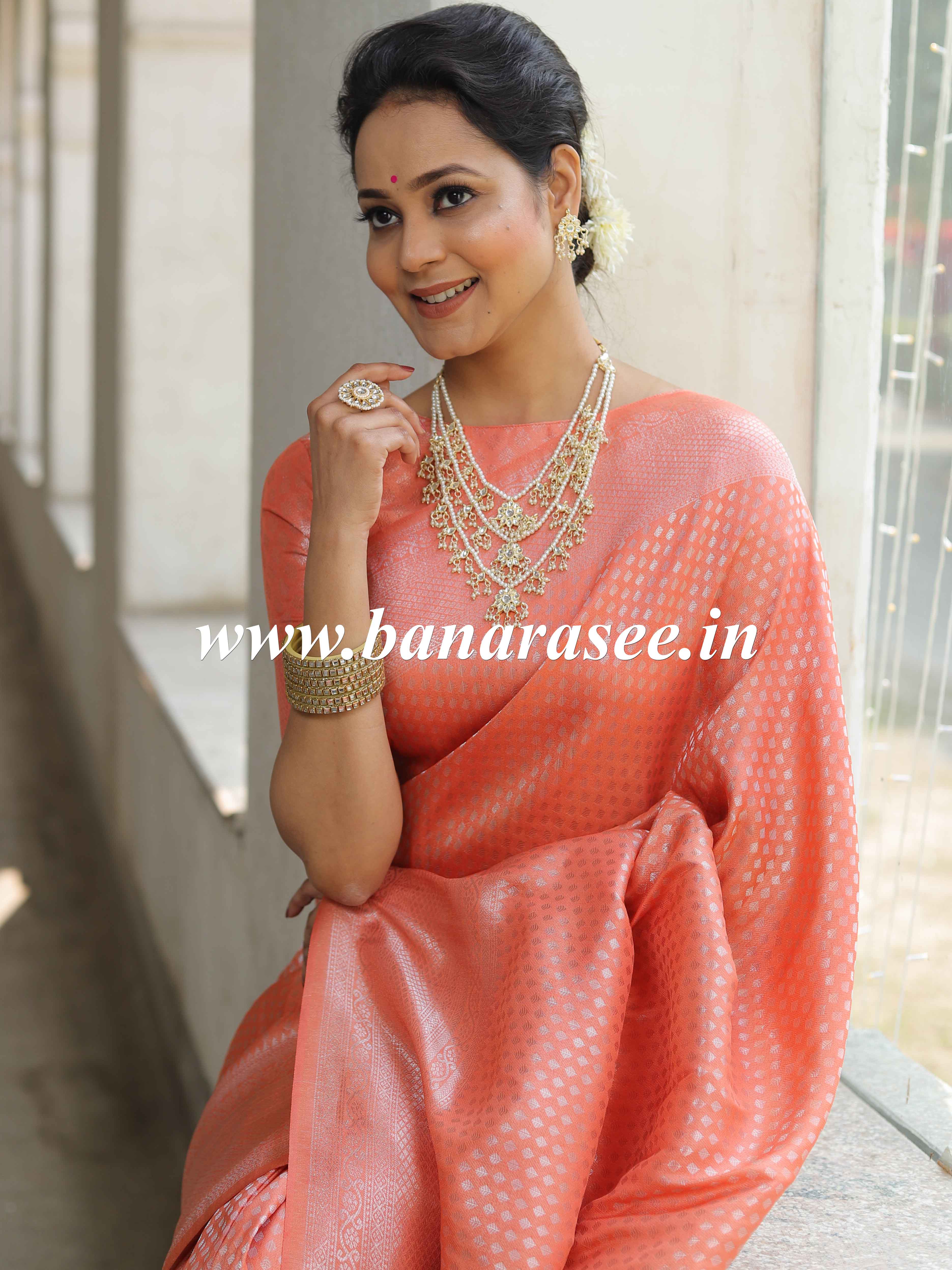 Banarasee Kubera Pattu Soft Silk Saree With Silver Zari Work-Peach