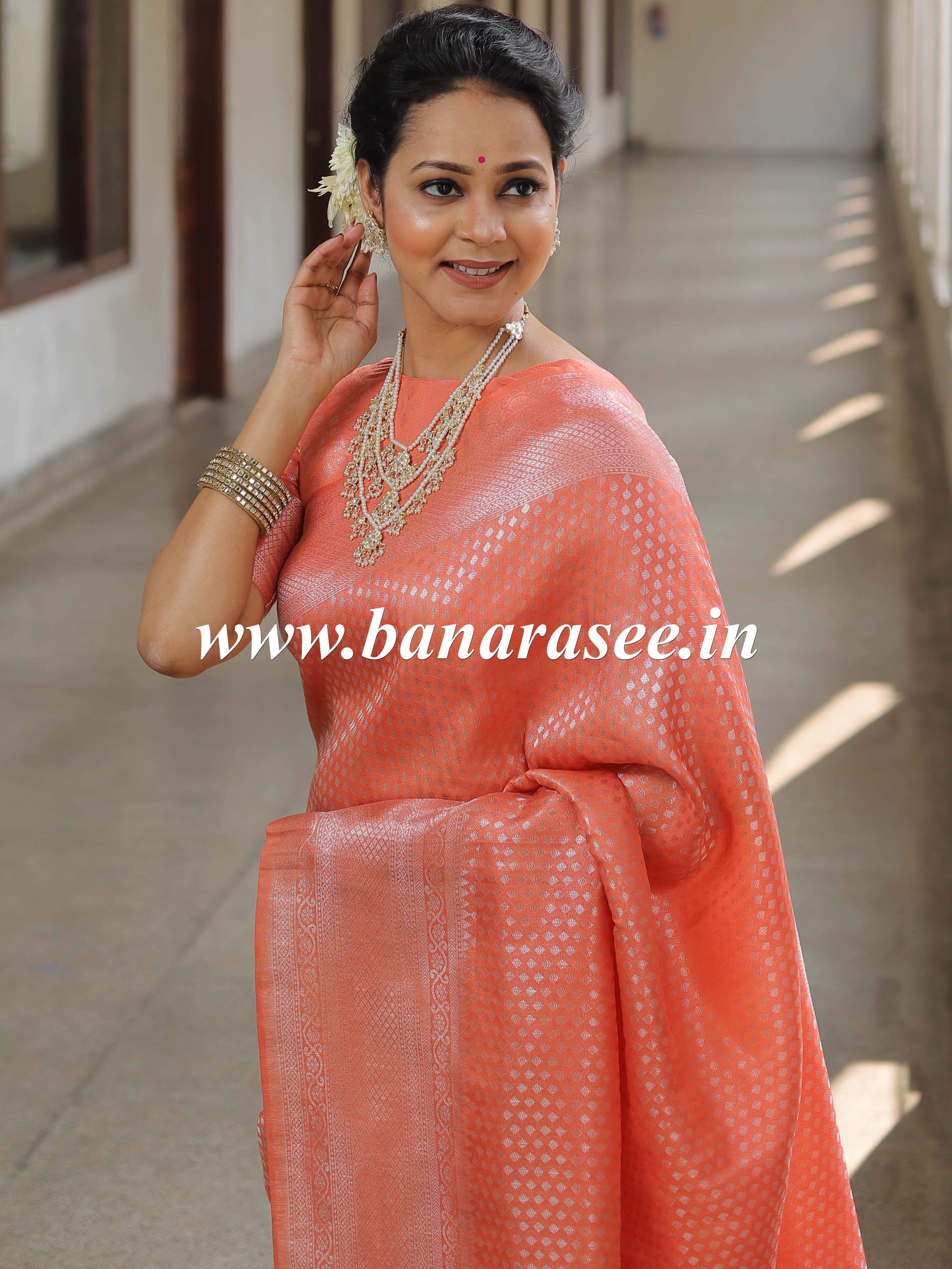 Banarasee Kubera Pattu Soft Silk Saree With Silver Zari Work-Peach